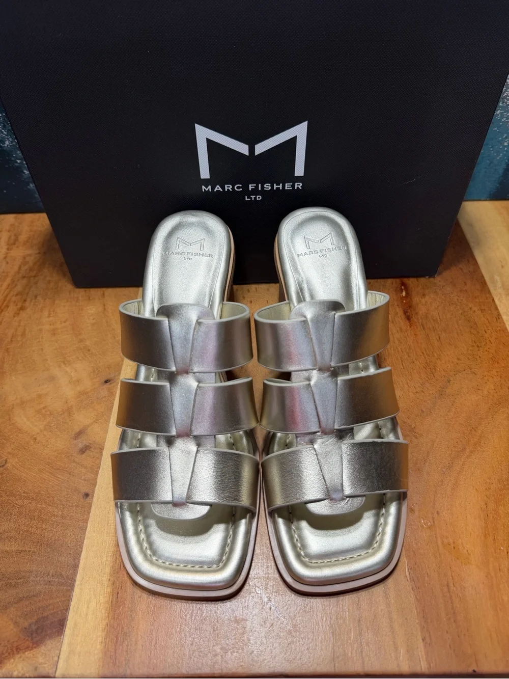 Marc Fisher Metallic Y2K Inspired Louisa Leather Mule Heels Silver Size 7 NIB
